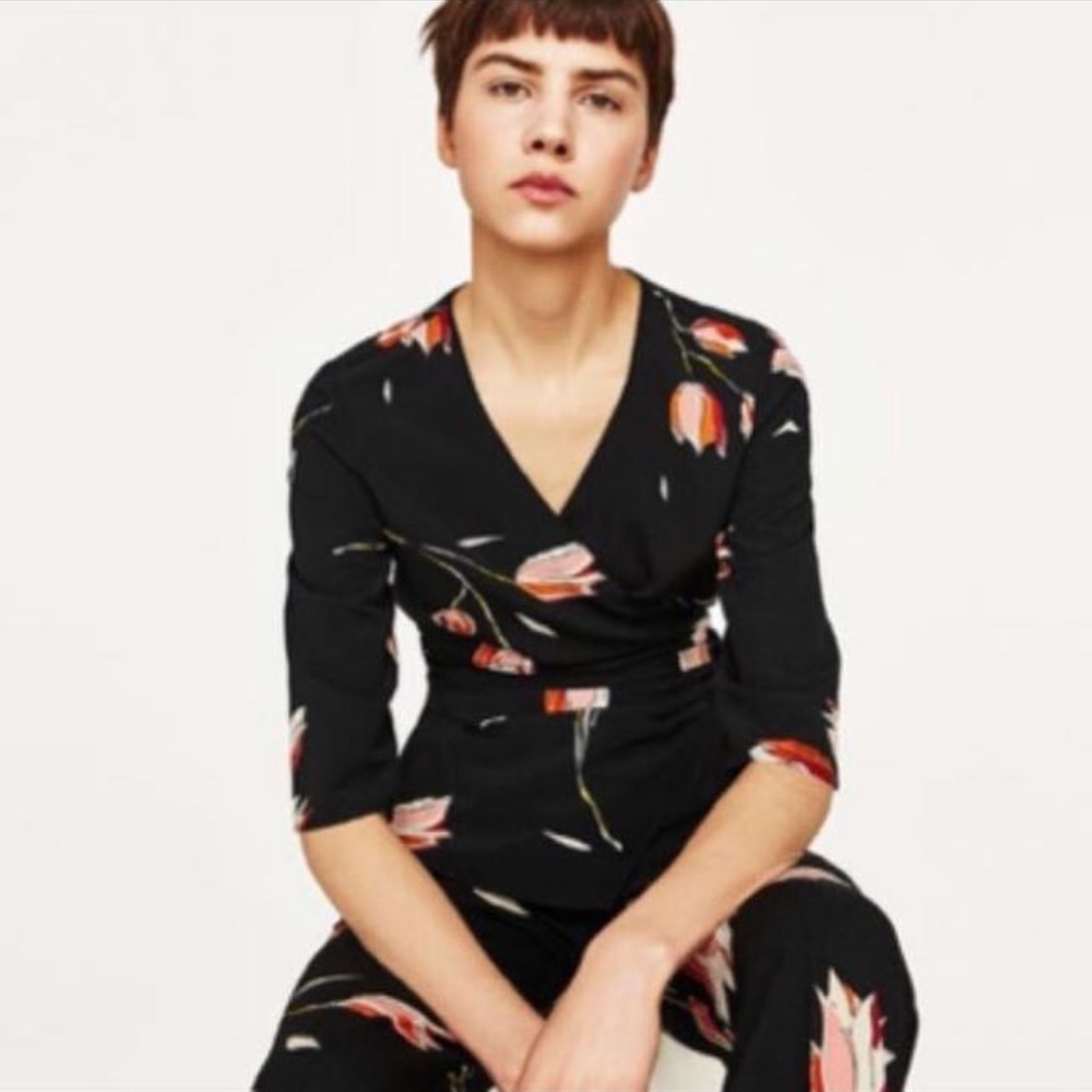 ZARA BLACK KIMONO TULIP PRINT FLORAL WRAP TOP